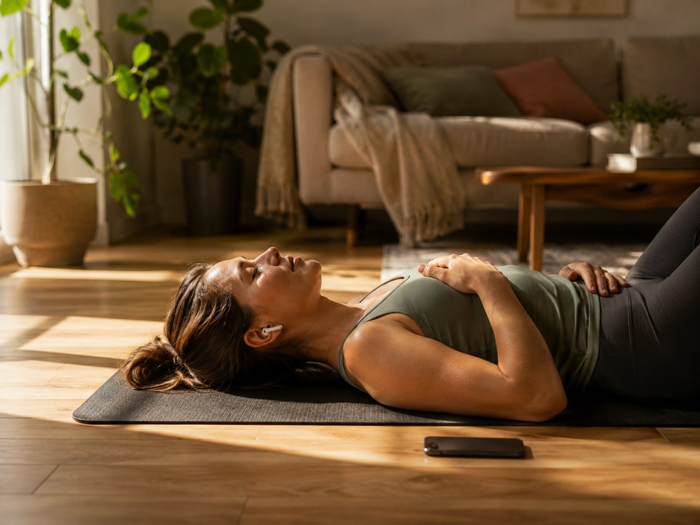 A woman lying on a yoga mat in a sunlit living room, eyes closed, wireless earbuds in, one hand resting on her ribcage.