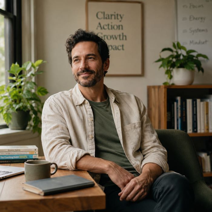 A life and career coach, seated at his desk.