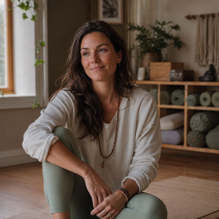 A yoga and breathwork teacher, seated and relaxed in her practice space.
